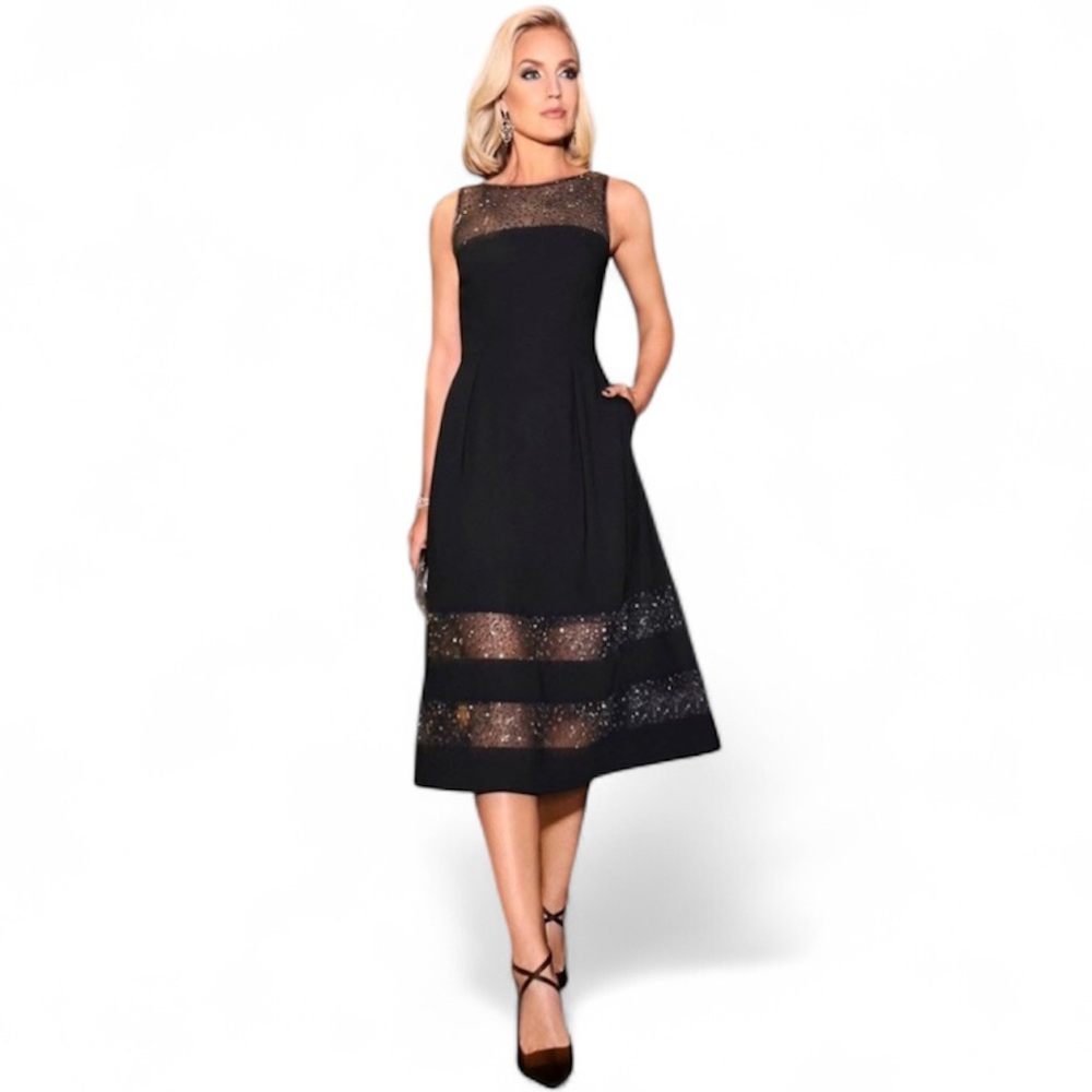 AIDAN MATTOX Bateau-neck Black A-line‎ Cocktail Festive Sheer Stripe Dress 2